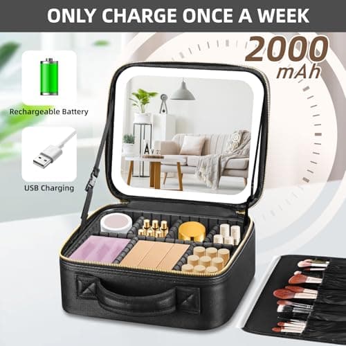 Travel Makeup Bag Cosmetic Bag Make up Organizer Bag with Large Lighted Mirror 3 Color Modes Adjustable Brightness, Waterproof PU Leather Makeup Travel Case Makeup Train Case Toiletry Gift Accessories — view 4