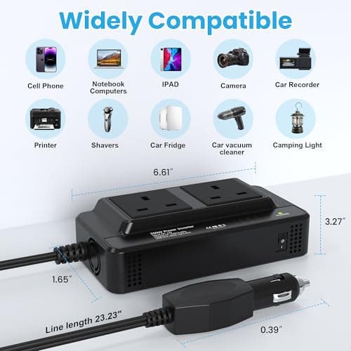 200W Car Voltage Converter Inverter with 2 Sockets and 4 USB Ports Fast Charging Car Charger DC 12V to AC 230V with Cigarette Lighter Plug for Business Trips and Vacation — view 2