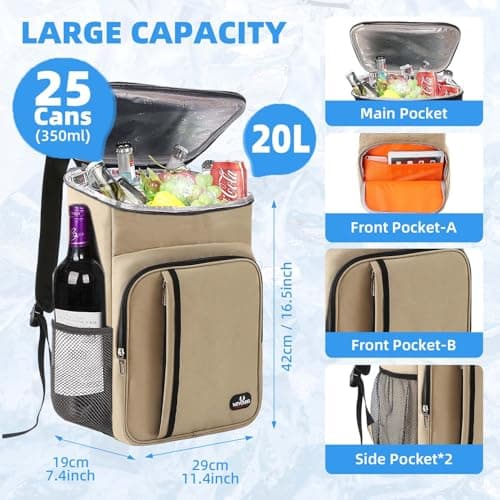 Bagtopia Camping Cooler Backpack 25 Cans, Leak Proof Soft Insulated Compartments Thermal Bag, Portable Lightweight Beach Travel Trip Picnic Lunch Backpack for Men and Women, Stripes-Khaki — view 2