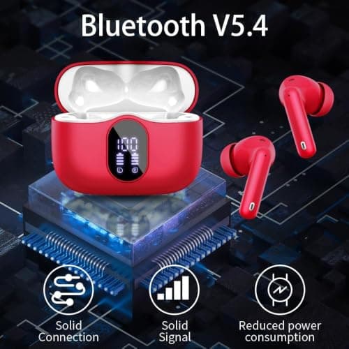 Wireless Earbuds, Bluetooth 5.4 Headphones In Ear with 4 ENC Mic, 2025 New Wireless Earphones Noise Cancelling Deep Bass, LED Display, Bluetooth Earbuds 36H Playtime, IP7 Waterproof Ear buds USB-C Red — view 2