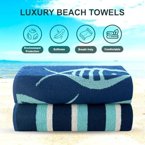CASA COPENHAGEN Miami Towel 2Pcs Fish Blue - Blue Stripe Designer Stripe Beach Towels Gift Set, 76 x 152 cm, Oversized 100% Cotton Pool Bath Towel for Beach Gift Set (Summer Gift Set For Women & Men) — view 5