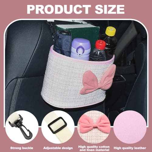 JSCARLIFE Car Seat Back Hanging Bag,PU Leather Car Back Seat Organizer Hanging Cotton and linen fabric Car Storage Box Travel Tidy Pouch Pocket Car Trash Can for Most Vehicles (Pink) — view 3