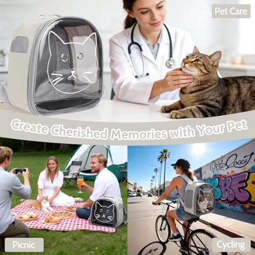 Small Cat Backpack Pet Carrier for Cats up to 10 lbs, Foldable Clear Window Cat Travel Bag with Breathable Mesh, Portable Puppy Transport Backpack for Hiking, Walking, Cycling, Vet Visits(White) — view 5