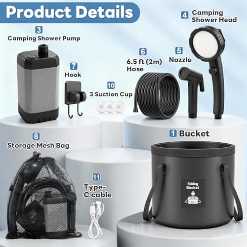 FOTSHARER Portable Shower for Camping with Shower Head 3 Spray Modes, 6000mAh Rechargeable Shower Pump with LED Display Foldable Bucket Outdoor Showering for Hiking RV Car Travel Pet — view 3
