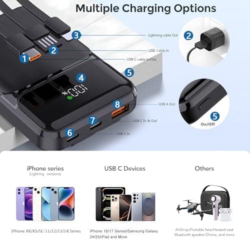 All-in-One Power Bank with Built-in Cables 10000mAh Slim Portable Charger with Smart LED Display Fast Charging External Battery Pack Compatible with iPhone Google Pixel & More (Black, 10000mAh) — view 2