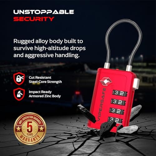Vipersafe New TSA008, TSA Approved Luggage Lock with Open Alert Indicator – 4-Digit Travel Lock for Luggages, Bags & Backpacks – Heavy Duty Flexible Cable Padlock (Red, 1-Pack) — view 4