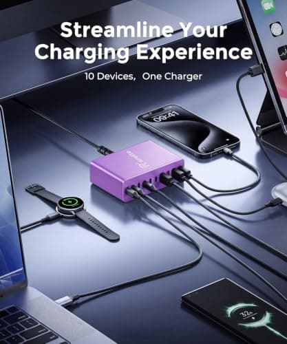 Roruite USB C Charging Station 10 Port with 4 Cables,245W GaN Charger Block — view 4