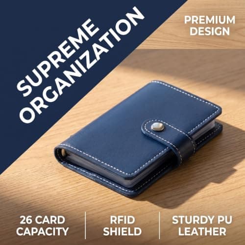 Kemay Minimalist PU Leather Credit Card Holder Wallet for Men & Women, Slim RFID Blocking Bank Card Case with 26 Plastic Insert Sleeves, Travel Business Card Organiser(Dark Blue) — view 5