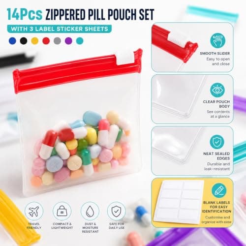 14 Pcs Reusable Zip Seal Pill Bags for Travel, Small Storage Pouches | Small Slide Lock Bags for Pills Vitamins and Jewellery, Waterproof Clear EVA Medication Pouches, Zippered Pill Pouch Set — view 6