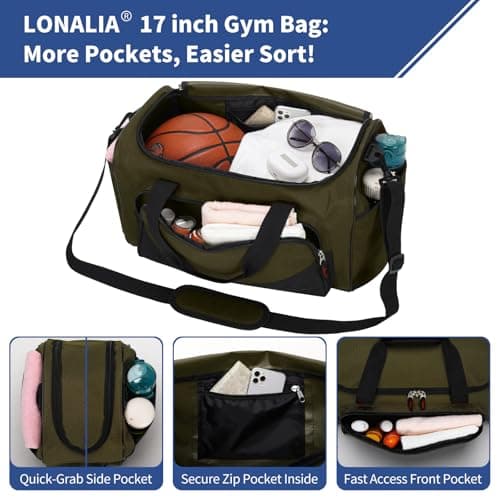 LONALIA Small Holdall Bag 30L, Gym Duffle Bag, Olive Green — view 3