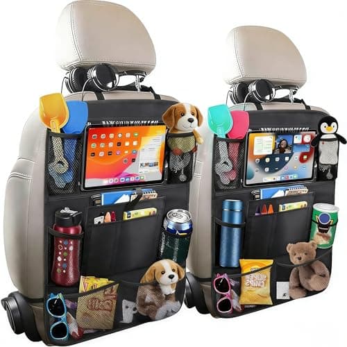 2-piece car storage bag set, including child seat back storage bag, rear seat protector, 10-inch tablet cover, and 9-pocket storage bag with kick guard for storing water bottles, toys, books, etc.