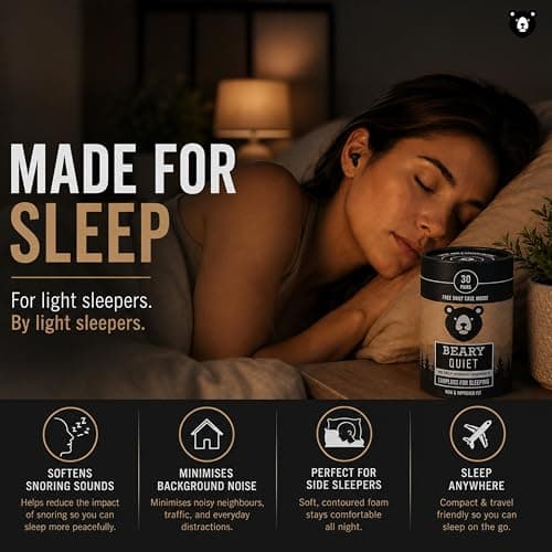 Beary Quiet Premium Foam Earplugs for Sleeping – Ultra Soft Noise Cancelling Ear Plugs, High 38db SNR for Snoring, Travel & Light Sleepers, Comfortable All Night Wear — view 3