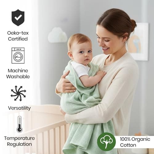 Lilly Belly- Cellular Blankets Baby | 100% Pure Organic Cotton | Baby Blanket - 70 x 90 cm | Warm & Cosy Baby Blankets | Baby Blanket for Newborn | Perfect for Pram/Travel/Moses Baskets (Green/Ivory) — view 2