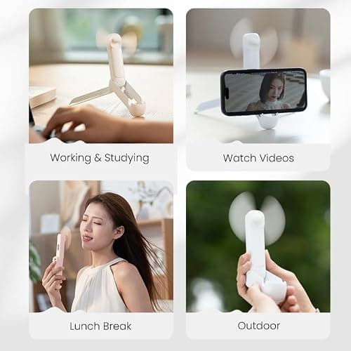 GMEC 3-in-1 Mini Handheld Fan with Phone Holder & Desk Stand - Portable Travel Essentials Mini Fan for Men, Women, Teens & Children - 3 Gear Speed, Rechargeable fan, USB Desk Fan & Torch - Beige — view 3