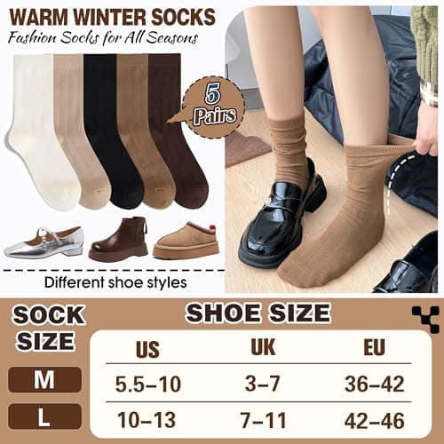 MOGGEI Womens Thin Merino Wool Socks Warm Winter Soft Cosy Breathable Crew Boot Socks for Everyday Wear 5 Pairs, UK Shoe Size 7-11 Stocking Fillers(Khaki/Coffee/Beige/Black) — view 5