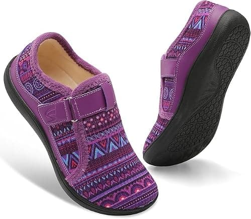 JIASUQI Slippers for Women Wide Barefoot Swollen Edema Diabetic Shoes Indoor Outdoor Adjustable House Shoe Cozy Walking Shoe(Boxipurple 40,Size 6)