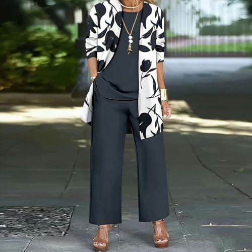 Leisure Wear Sets for Women Uk 3 Piece Outfits Long Sleeve Jacket Vest Top Wide Leg Trousers Co Ord Sets Casual Slim Tracksuit Set Floral Comfy Loungewear Elegant Travel Outfits — view 2