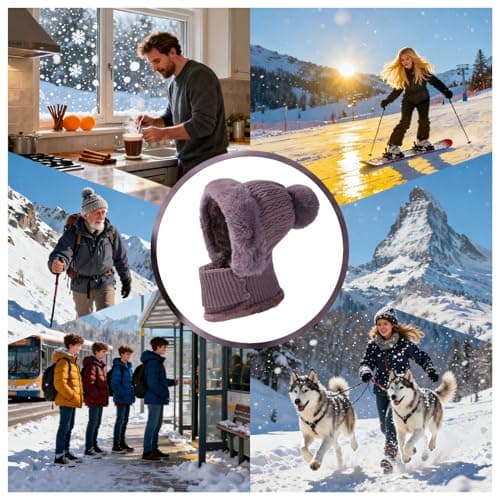 Generisch Knitted Winter Hats for Women, Windproof Neck Warmer, Winter Hat Including Scarf, for Hiking and Cycling and Travel, Cycling, Snowboarding for Women, Grandma, Mother, purple — view 4