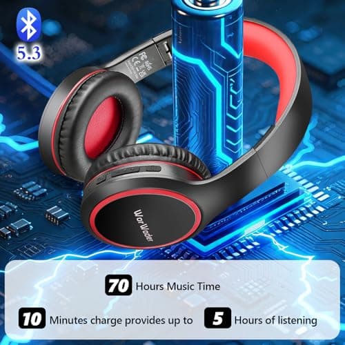 WorWoder Bluetooth Headphones Over Ear, 70H Playtime and 3 EQ Music Modes Wireless Headphones with Microphone, HiFi Stereo Foldable Lightweight Headset, Deep Bass for Home Office Cellphone PC (Red) — view 2