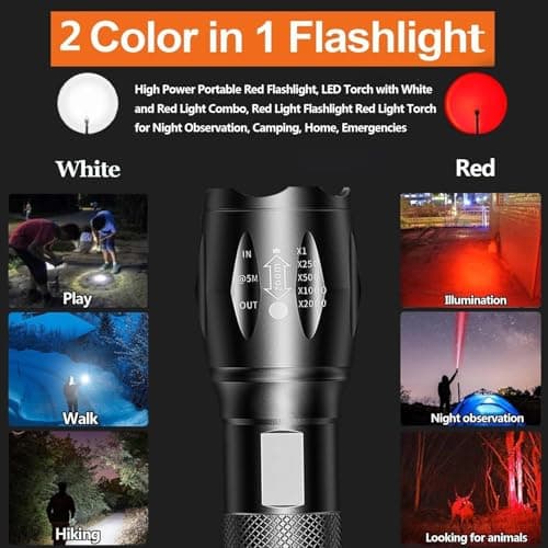 POCKETMAN 2 in 1 Red and White Rechargeable Flashlight, High Brightness Adjustable Zoom, Waterproof Portable LED Flashlight, Suitable for Night Observation, Outdoor Travel — view 3