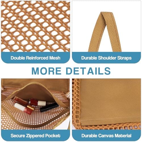 Poeruse Beach Mesh Tote Bag, Beach Bags for Women with Zip, 26L Mesh Handbags, Travel Shopping Handbag for Holiday (Brown) — view 3
