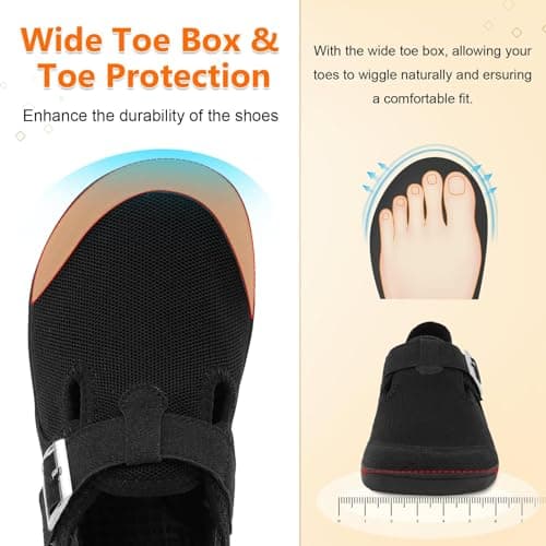 JIASUQI Barefoot Shoes Womens Wide Casual Walking Shoes Zero Drop Minimalist Sneakers with Adjustable Strap Slip on Clogs for Office Shopping Travel(Black 42,Size UK 8) — view 3