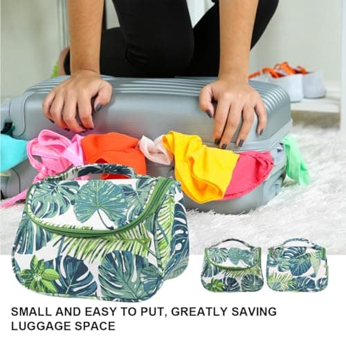 VALICLUD Makeup Bag Portable Toiletry Bag Canvas Tropical Monstera Leaf Travel Cosmetic Pouch with Curved Zipper Organizer for Travelling — view 2