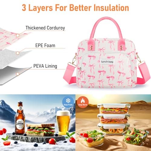 TXBOBECO Insulated Lunch Bags for Women, 11.5L Corduroy Cool Bag Large Lunch Box Bag, Adults Girls Packed Lunch Box Tote Bags with Shoulder Strap, Soft Cooler Picnic Bagsfor Work School Picnics — view 3
