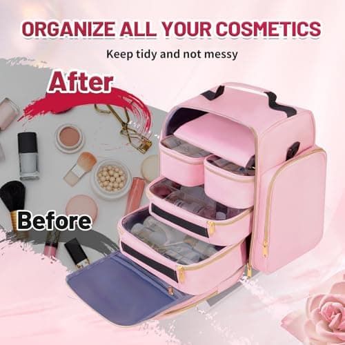 Travel Toiletry Bag for Women, Pink, with 5 Detachable Compartments, Jewelry Organiser Roll, Makeup Cosmetic Organiser — view 4
