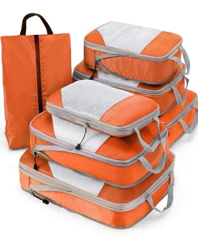 Meowoo 7 Set Compression Packing Cubes for Travel, Durable Ripstop Mesh Suitcase Organizer with Shoe Bag, Ultralight & Expandable Space Saver Travel Cubes, Orange, 7 PCS