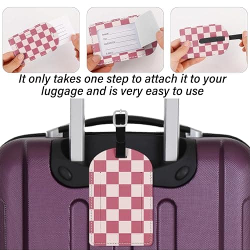 BHAHB 2 Pack Luggage Tag Luggage Tags PU Leather Suitcase Tags Aesthetic Cute Travel Bag Labels for Women Girls (P12-Pink Checkered) — view 6