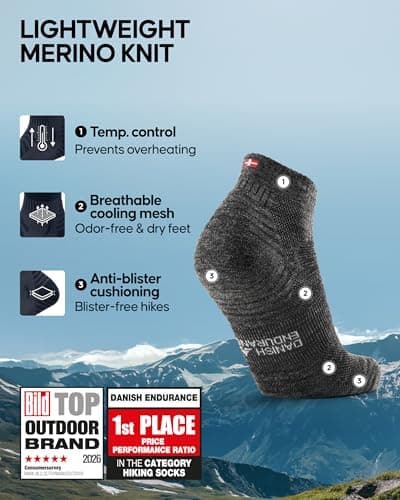 DANISH ENDURANCE Merino Wool Low Cut Hiking Socks with Lightweight Cushioning, for Men & Women, Unisex, 3 Pack, Grey, 9-12 — view 2