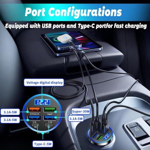 Fast Car Charger, 6 in 1 Super Fast Charging USB C Car Adapter, 12V/24V — view 3