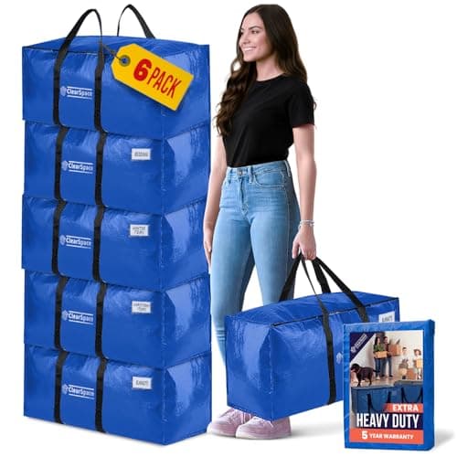 ClearSpace Heavy Duty Moving Bags or Storage Bins with Lids, Blue, 6 Pack