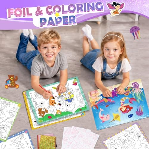 URMYWO Foil Fun Arts & Crafts for Kids Ages 4-12 | Large Size | 20 Themes | Double Sided with Coloring Back | No Mess Art Kit | Travel Toys Gifts for Girls Boys (Colorful) — view 5