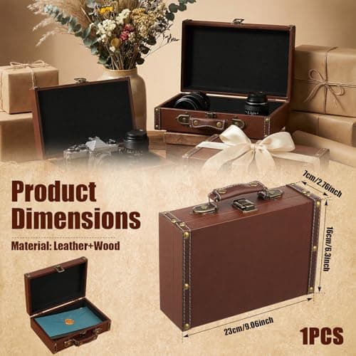 Zhjiutak Vintage Leather Suitcase, 23×16×7cm Retro Leather Trunk Luggage,Decorative Prop Luggage Portable Wooden Storage Carrying Case PU Leathers Storage Box for Storing Clothes Jewelry(small) — view 2