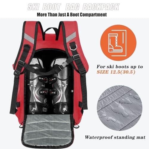KEOFID Ski Boot Bag Backpack, Waterproof 50L Ski Bag, Travel Backpack for Ski Helmet, Snowboard and Accessories(Red) — view 5