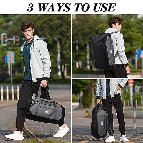 Laripwit Sports Gym Bag for Men, 40L Travel Duffle Bag with Shoe Compartment & Wet Pocket, Lightweight Duffel Bag Backpack Multipurpose Weekend Overnight Sports Holdall for Women, Grey — view 2