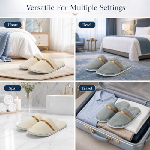 Iyxeo 10 Pairs Golden Trim Hotel Slippers, 5 Beige & 5 Grey Disposable Guest Slippers for Spa, Wedding, Travel, Universal Size — view 6
