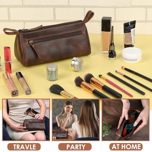 TheAntiq Leather Toiletry Bag Travel Dopp Kit for Men & Women Leather Makeup Organiser with Zipper Compartments Compact Travel Pouch Brown 8x3.5x3.5 Inch — view 3