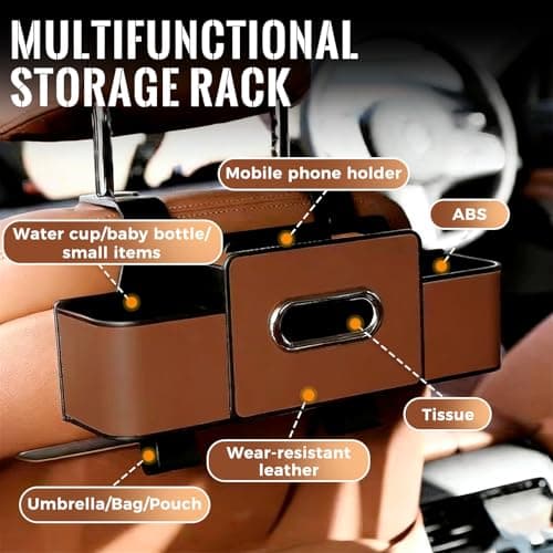JSCARLIFE 3-in-1 Car Backseat Organizer with Cup Holder & Trash Bin,Multifunctional Seat Storage for Phones,Snacks & Handbags –Tissue Box & Hooks Included (Brown) — view 4