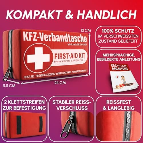 STREAMVOY Car First Aid Kit 2025 Standard Compliant – DIN 13164:2022 Certified, EU Road Traffic Approved, 2 CPR Face Masks & Wipes, Waterproof Compact Case with Velcro Straps for Vehicle Safety — view 6