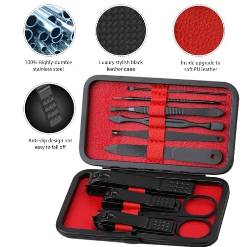 Glamne Manicure Set Nail Clippers Kit Professional Stainless Steel Nail Care Tools with Leather Travel Case 10 in 1 Black — view 3