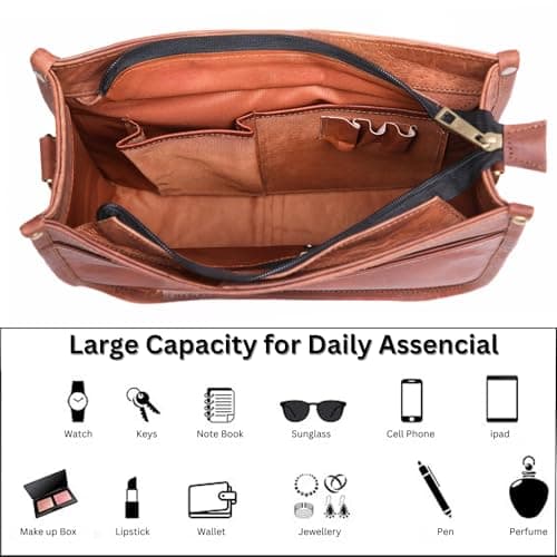 JINALEXIA LEATHER Genuine Leather Crossbody Purse for Women – Rustic Leather Satchel, Medium Size with Zipper Pocket – Cute Everyday Handbag, Medium Brown, Tan — view 2