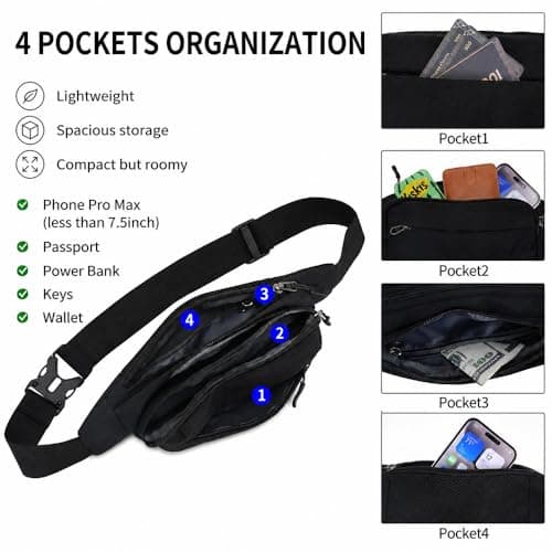 Waterproof Bumbags Waist Fanny Pack Running Belt Ladies Fashion Bum Bag with Adjustable Belt for Sport Running Hiking Jogging Travel Dog wolking Women Men (Black-A) — view 2
