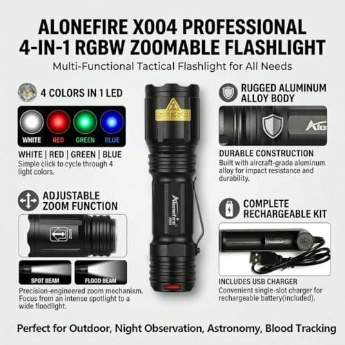 Alonefire X004 4 Color in 1 LED Tactical Torch Rechargeable Red Green Blue White Light Flashlight Waterproof Zoomable with Lithium Battery, Charger for Camping Hiking Hunting Fishing Police Adults — view 2