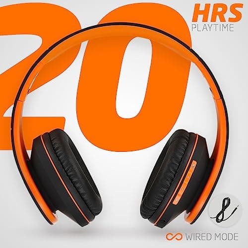 PowerLocus Bluetooth Over-Ear Headphones, Wireless Stereo Foldable Headphones Wireless and Wired Headsets with Built-in Mic, Micro SD/TF, FM for iPhone/Samsung/iPad/PC - Black/Orange — view 5