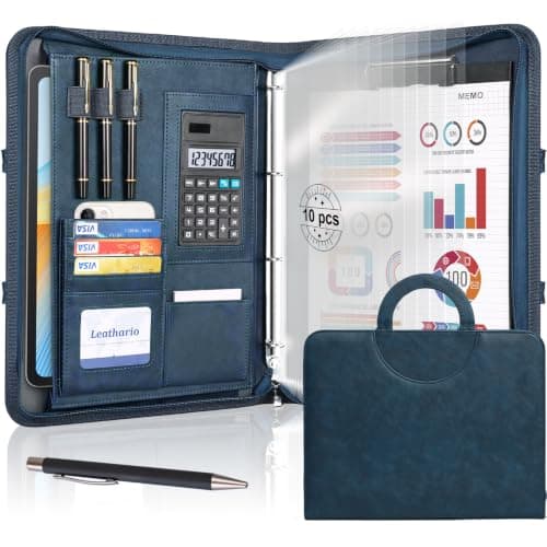 Leathario Portfolio Folder A4, Vegan Leather Conference Folder with Handle, 4-Ring Travel Document Holder with 10 Sheet Protectors, Multi-Pocket Document Folder Organiser, Office Supplies