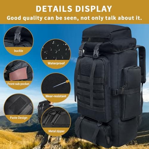 Vaupan Hiking Backpack, 80L Camping Backpack, Waterproof Large Outdoor Sport Travel Daypack Molle Rucksack for Men Women (Black) — view 4