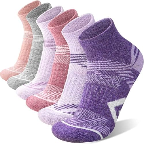 ANTSANG 6 Pairs Merino Wool Quarter Socks Running Walking Hiking Compression Support Breathable Thermal Warm Thick Cushion Ankle Unisex Socks for Women Men(3-7, Pink-Purple Series)